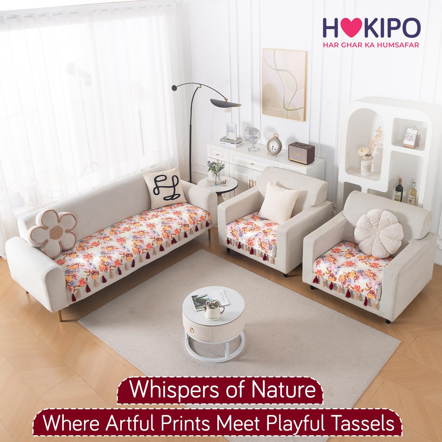 'Whispers of Nature' Series Holland Velvet Sofa Seat Mat with Tassel, Vintage Rose Bloom