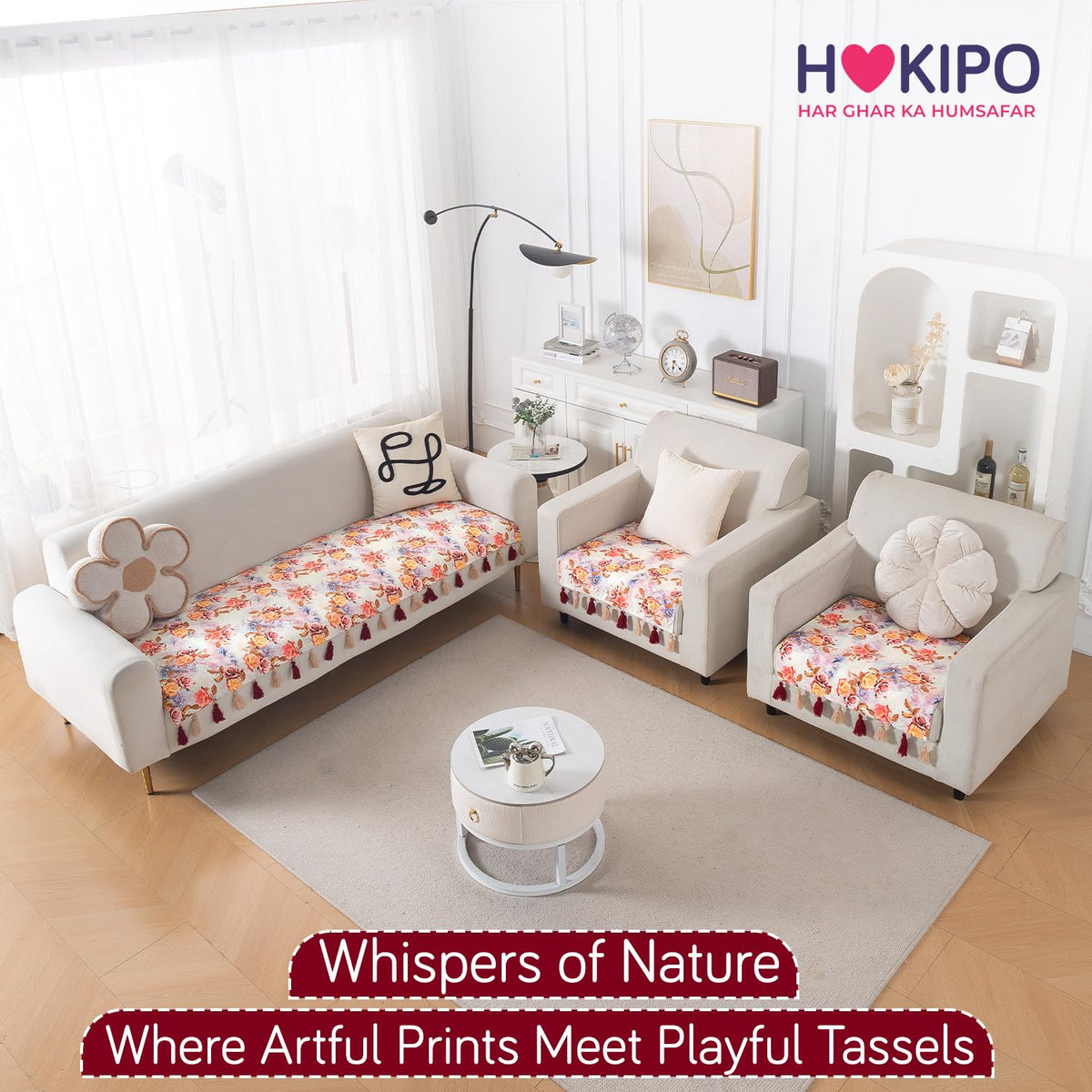 'Whispers of Nature' Series Holland Velvet Sofa Seat Mat with Tassel, Vintage Rose Bloom