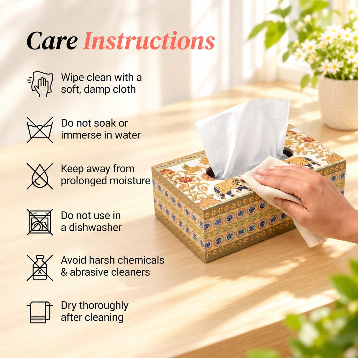 HOKIPO Tissue Box Holder, Rectangle, Engineered Wood, Royal Gulistaan - image 7