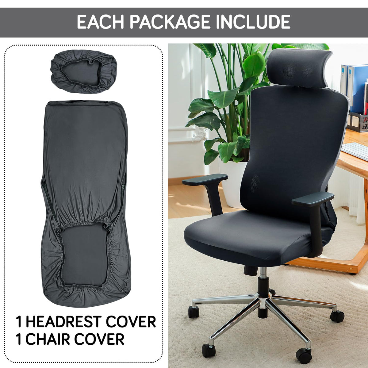 Office Chair Cover with Headrest (High-Back) – 140 GSM Stretch Fabric – Washable, Anti-Slip Fit for Ergonomic Mesh Office Chairs, Grey