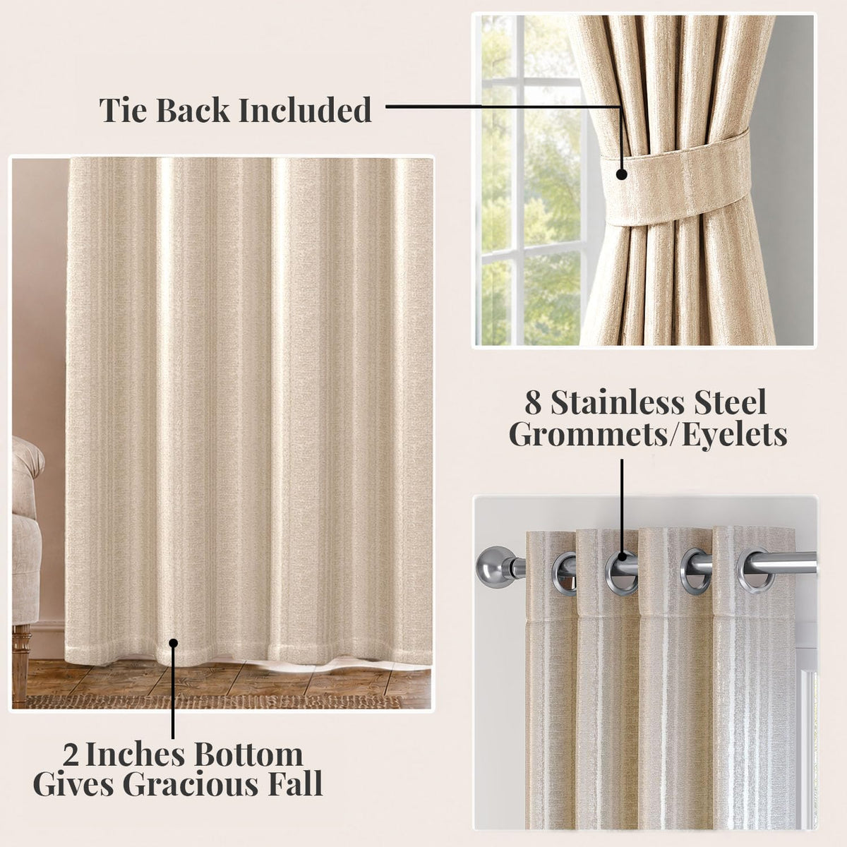 HOKIPO Royal Blend Eyelet Curtains, 7 Feet Long - Soft Beige - image 4