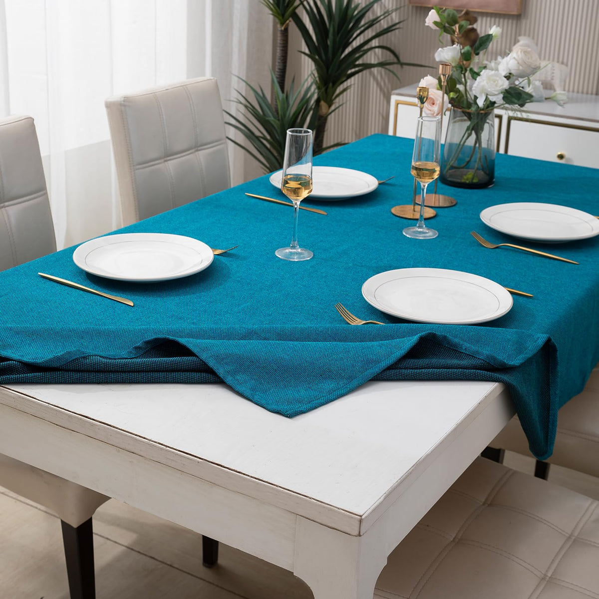Buy teal blue colour poly jute table linens | HOKIPO