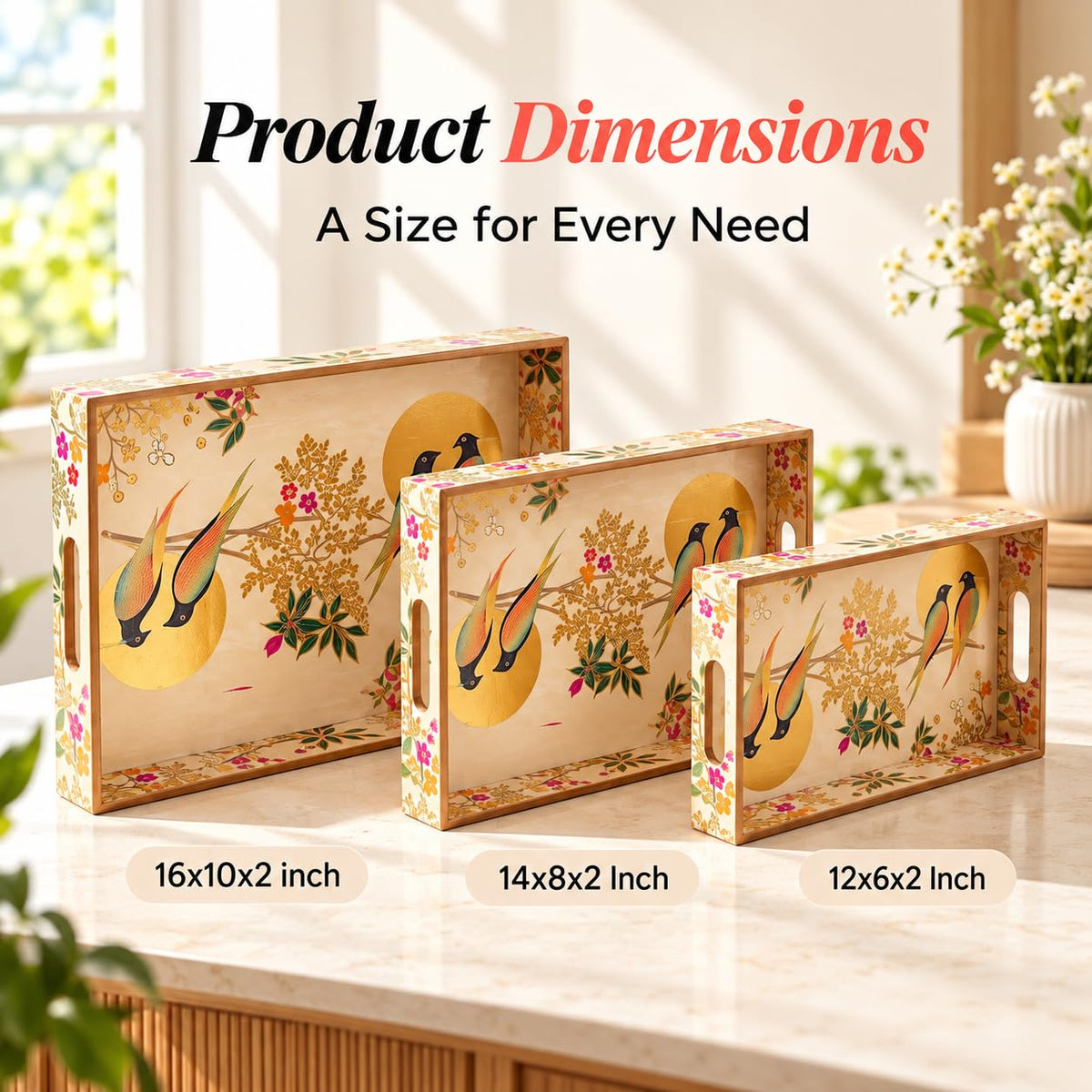 HOKIPO Serving Tray Set of 3, Engineered Wood, Indigo Flora - image 28