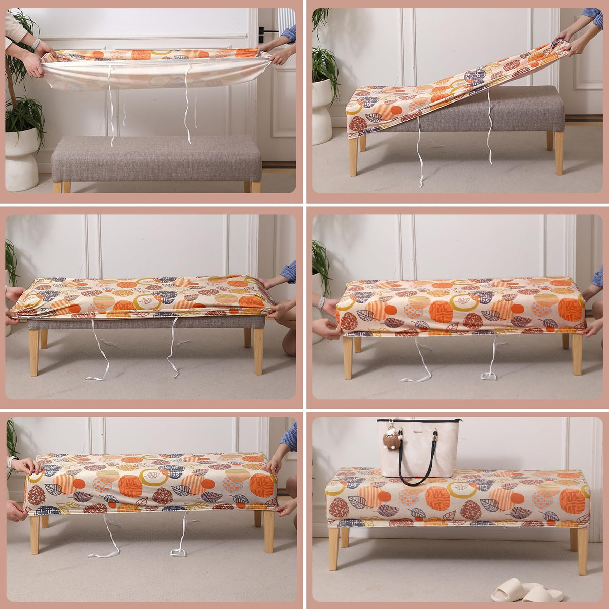 Premium Printed Velvet Dining Bench Cover, Coral Autumn Leaves