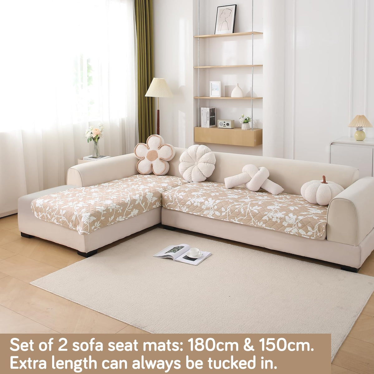 Waterproof Printed Quilted Quick Dry L Shape Sofa Seat Cover Mat, Buff Brown Sillehoute Floral