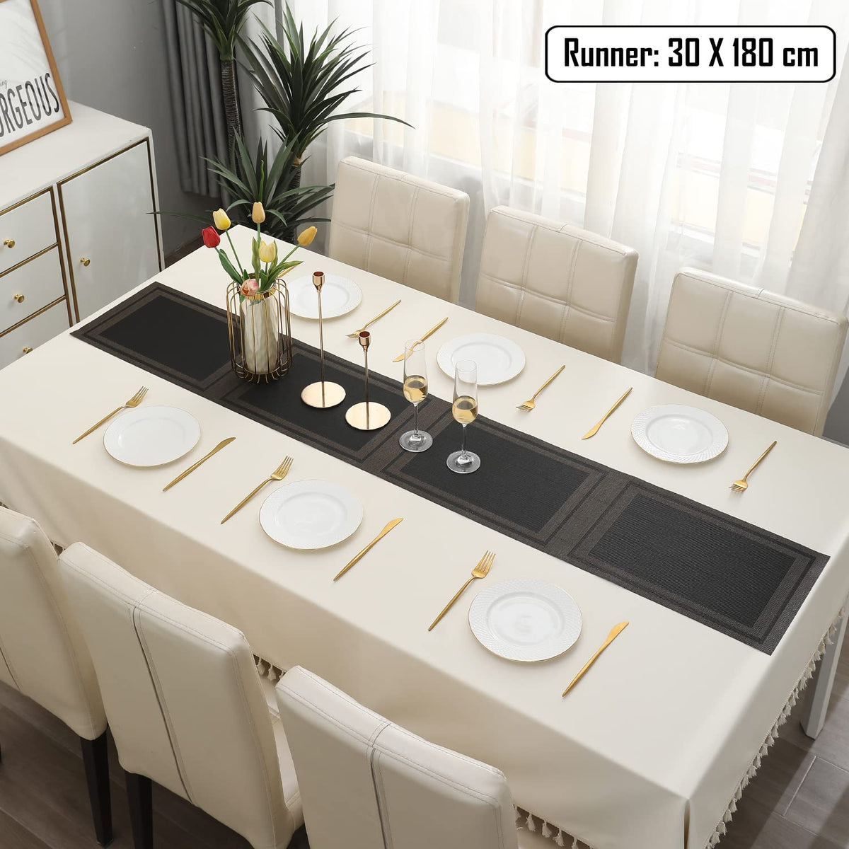 Buy Charcoal Black PVC Table Runner for 6 Seater (30x180cm) | HOKIPO
