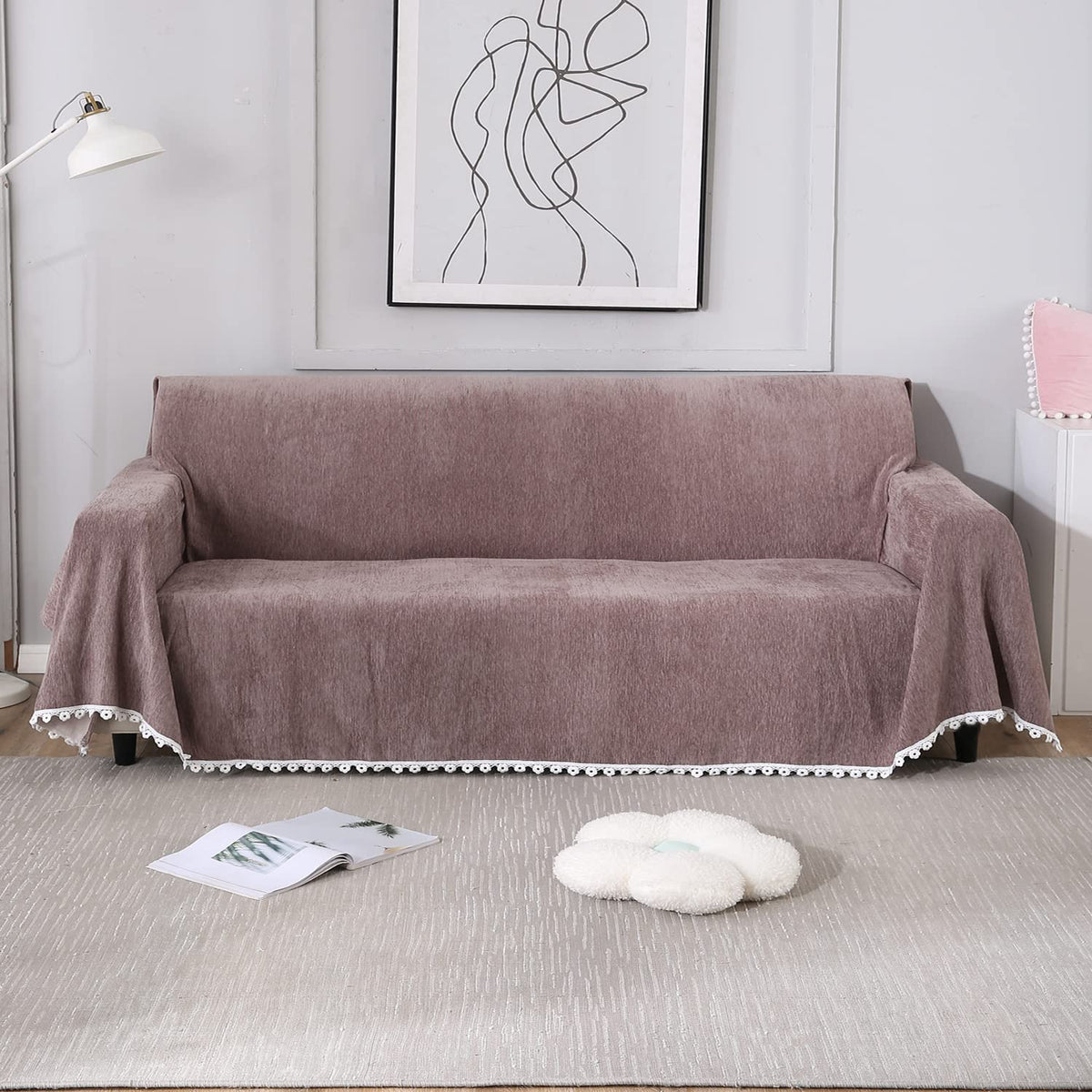 Brown colour chenille 3 seater sofa throw of size 180(D)x300(L)
