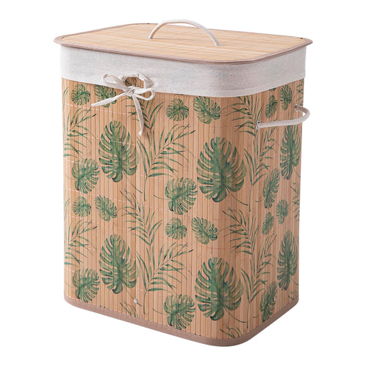 Eco-Friendly Foldable Bamboo Laundry Basket Hamper with Lid, Large - 60 Liter, Tropical Leaves