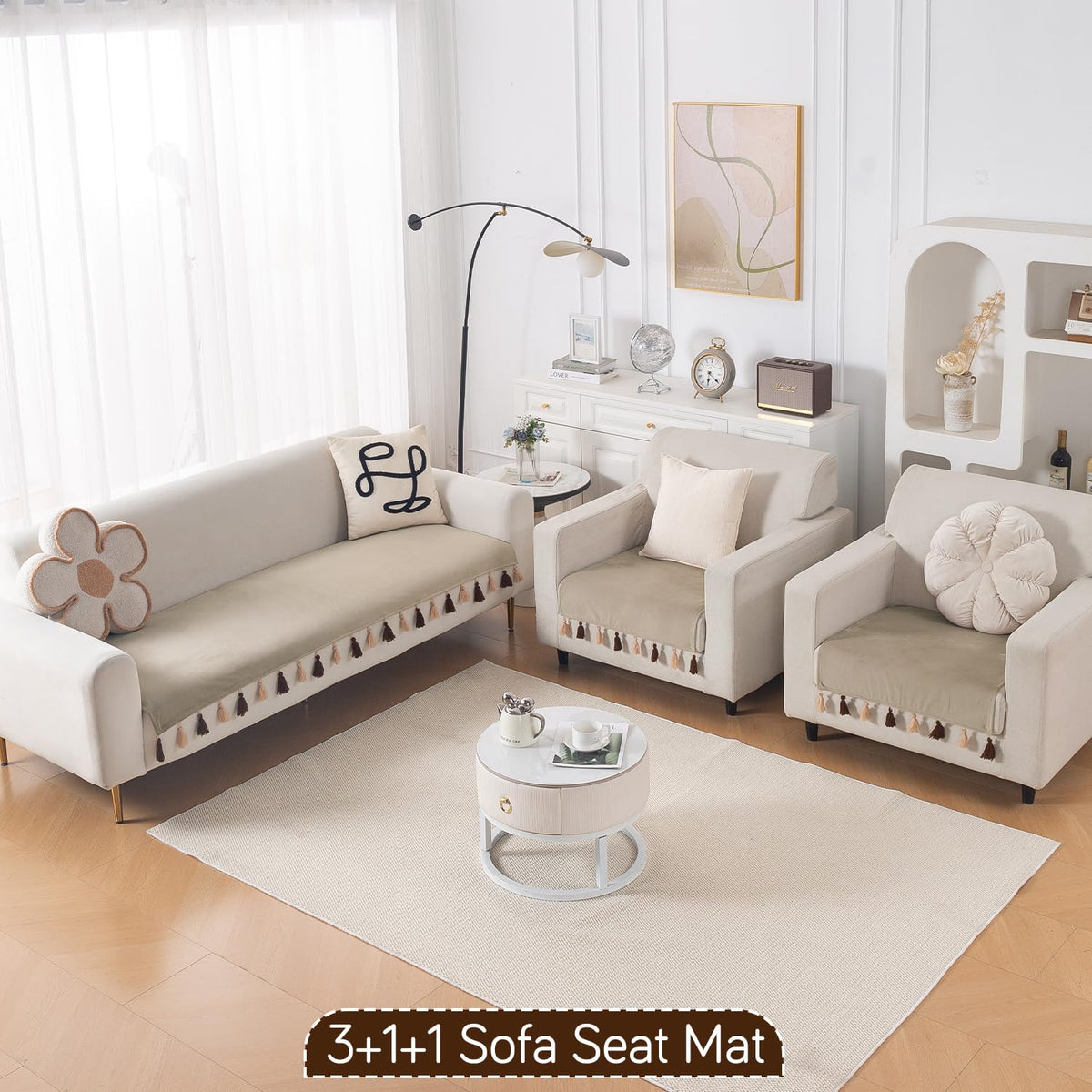 Premium Holland Velvet 5-Seater Sofa Cover (3+1+1), TasselTone Series | Sand Beige
