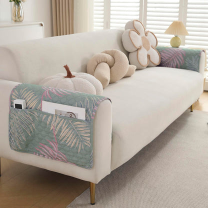 Polyester Printed Quilted Sofa Cover Mats, Tropical Leaves Pastel Green