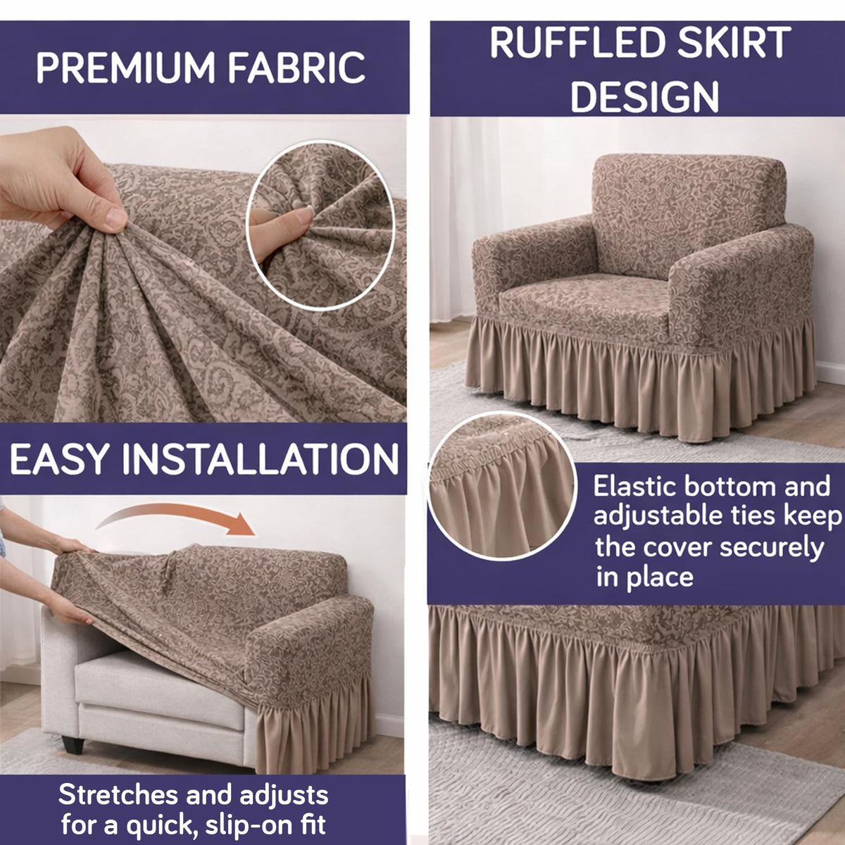 Elastic Stretchable Designer Woven Jacquard Sofa Cover with Frill, Light Taupe