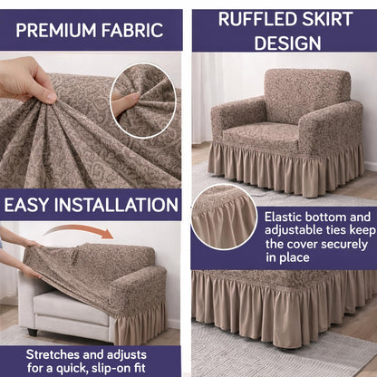 Elastic Stretchable Designer Woven Jacquard Sofa Cover with Frill, Light Taupe