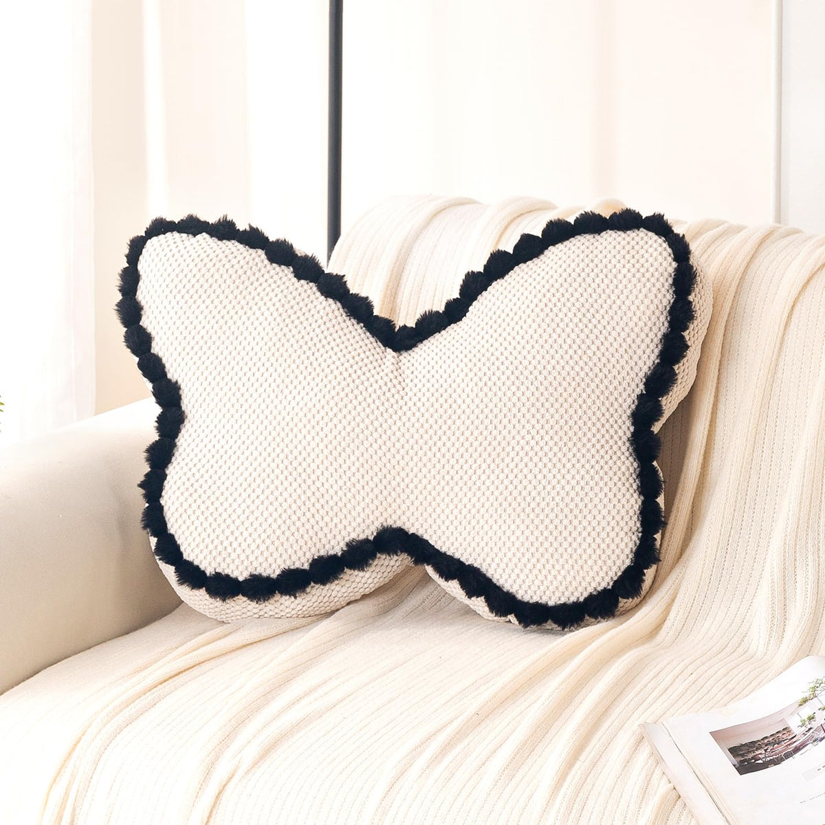 HOKIPO Butterfly Shaped Cushion for Kids Room & Sofa, 53x33 cm, Beige