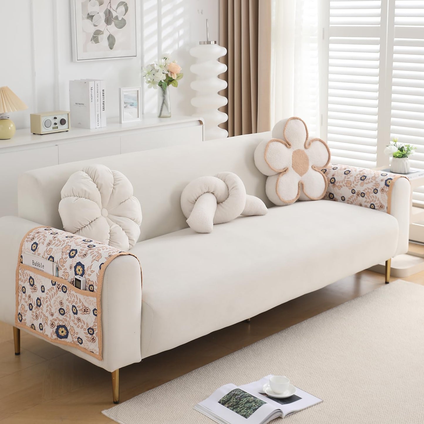 Printed Quilted Sofa Cover Mats,Light Peach Candytuft