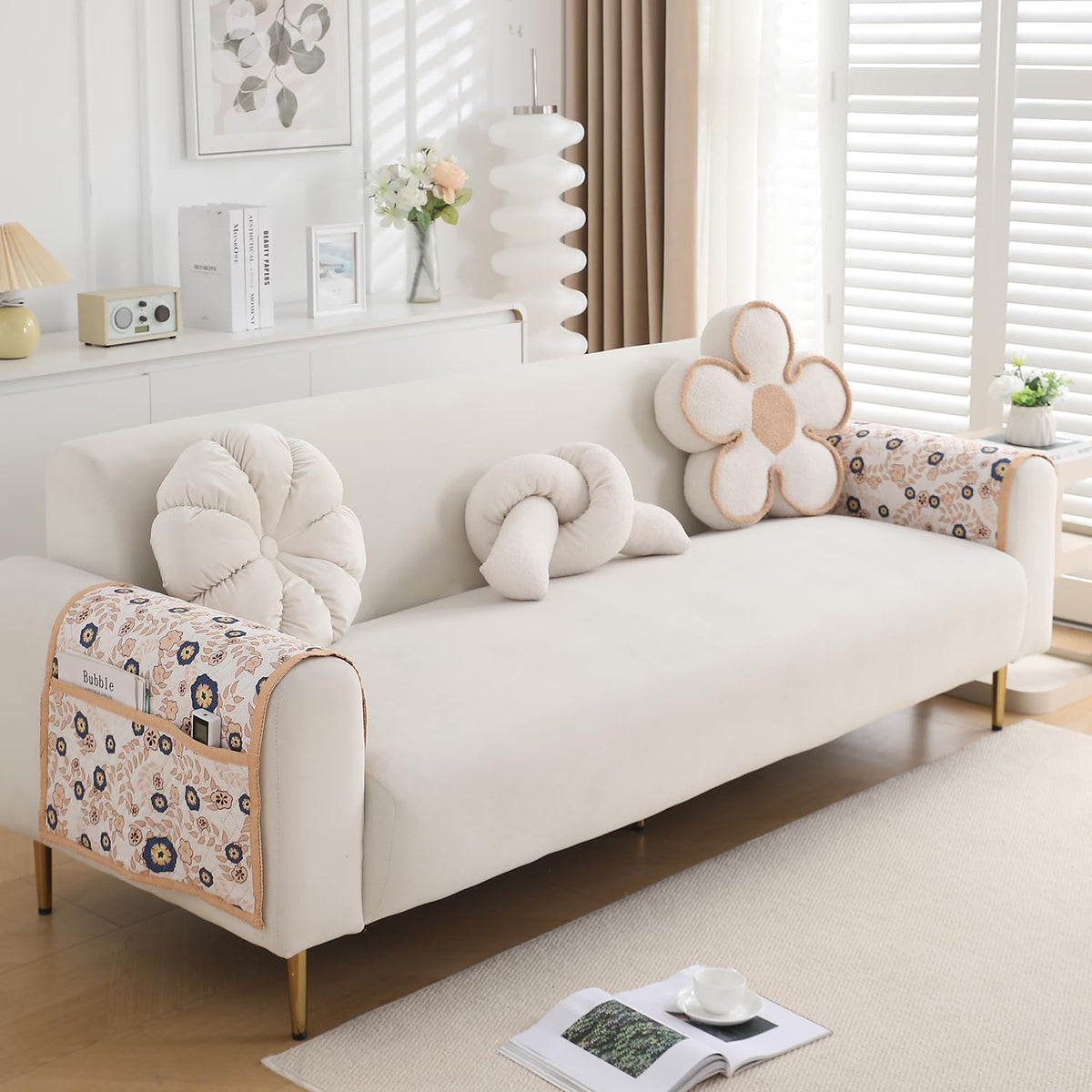 'Homehues' Printed Quilted Sofa Cover Mats,Light Peach Candytuft