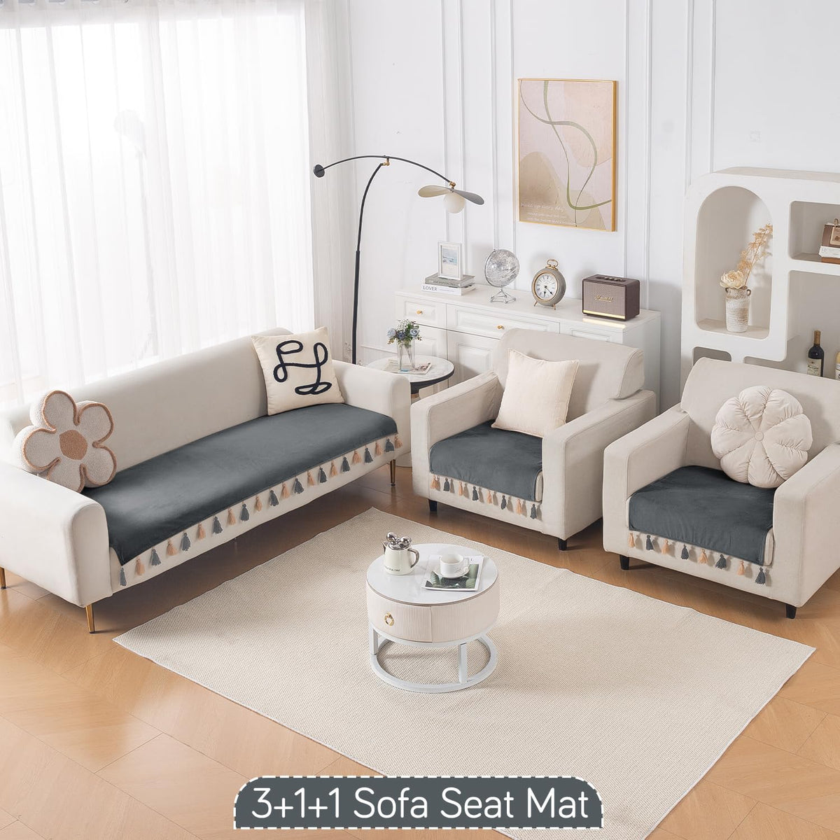 Premium Holland Velvet 5-Seater Sofa Cover (3+1+1), TasselTone Series | Graphite Grey