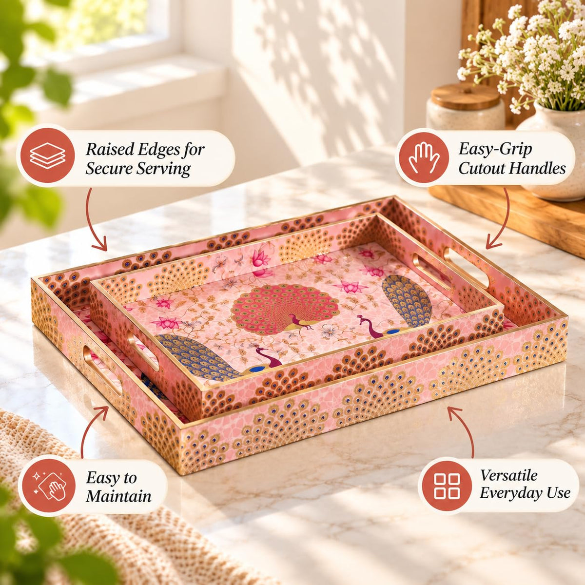 HOKIPO Serving Tray Set of 3, Engineered Wood, Gulabi Mayurvan - image 8