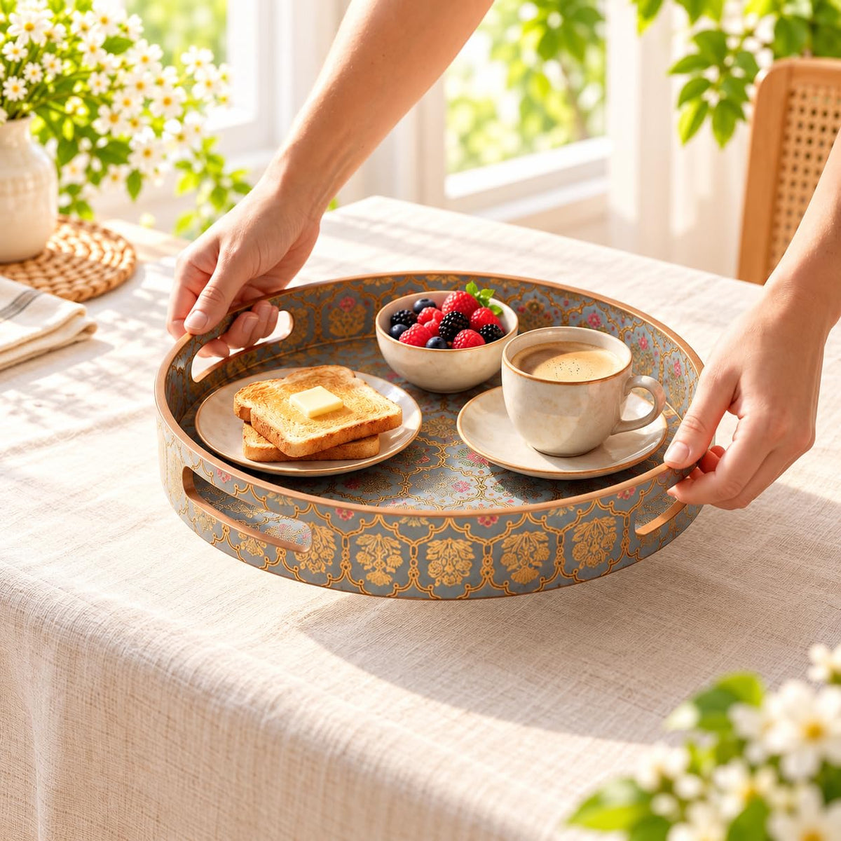 HOKIPO Round Serving Tray 12 in, Engineered Wood, Shahi Gulnaar - image 9