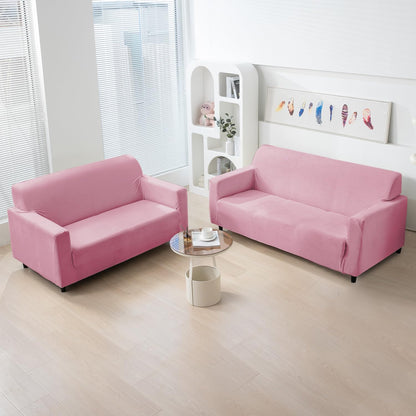 Pink premium elastic stretchable velvet sofa cover​ for 3 2 seater​ sofa
