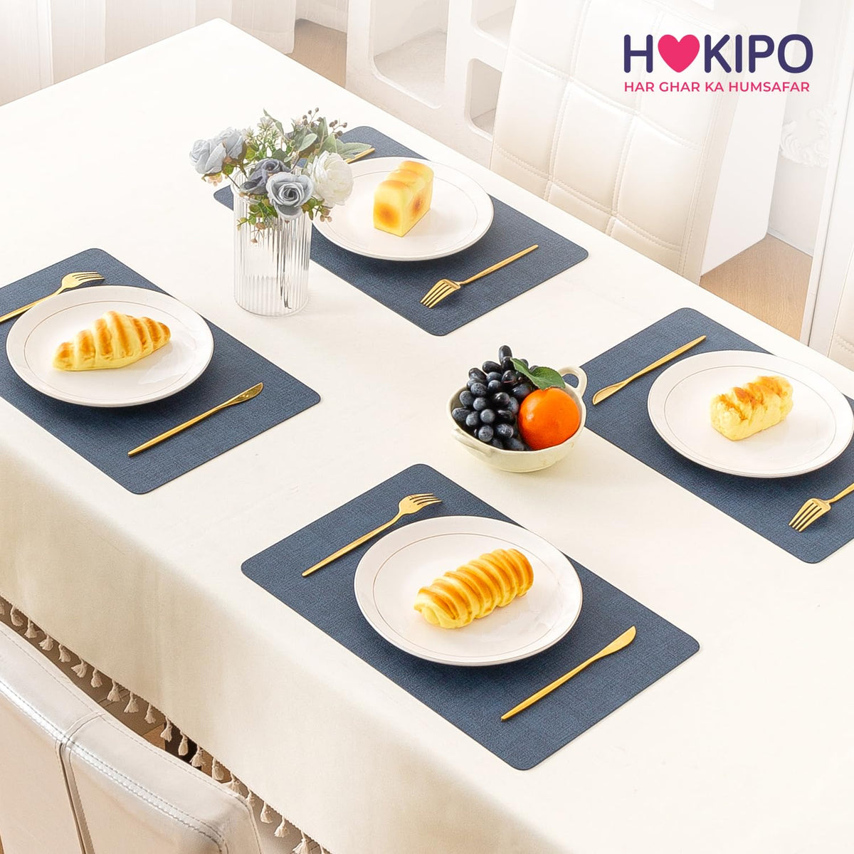Modern Weaves Royal Luxe Faux Leather Mats for Dining Table - Navy Blue