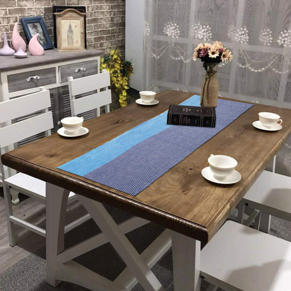 Buy Blue Colour Cotton Ribbed table runner for dining table | HOKIPO