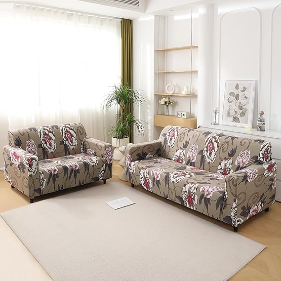 Buff Brown Geum Printed Stretchable Sofa Cover