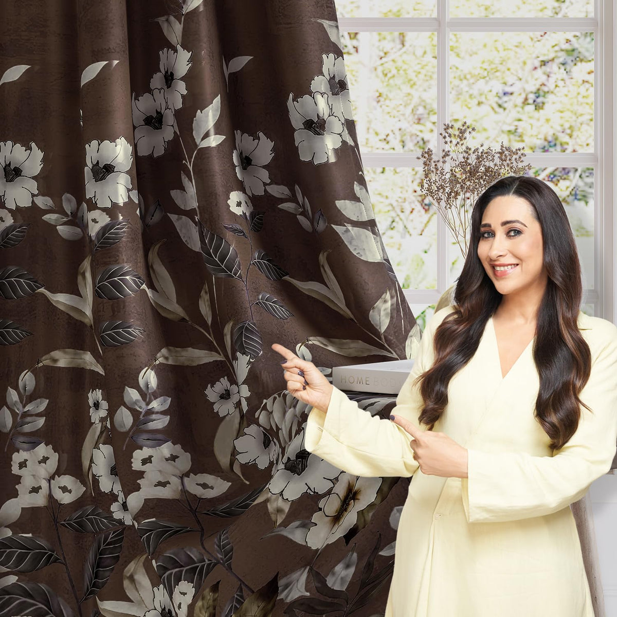 HOKIPO Twilight Curtains, 7 Feet Long - Moonlit Blossom Mocha Brown