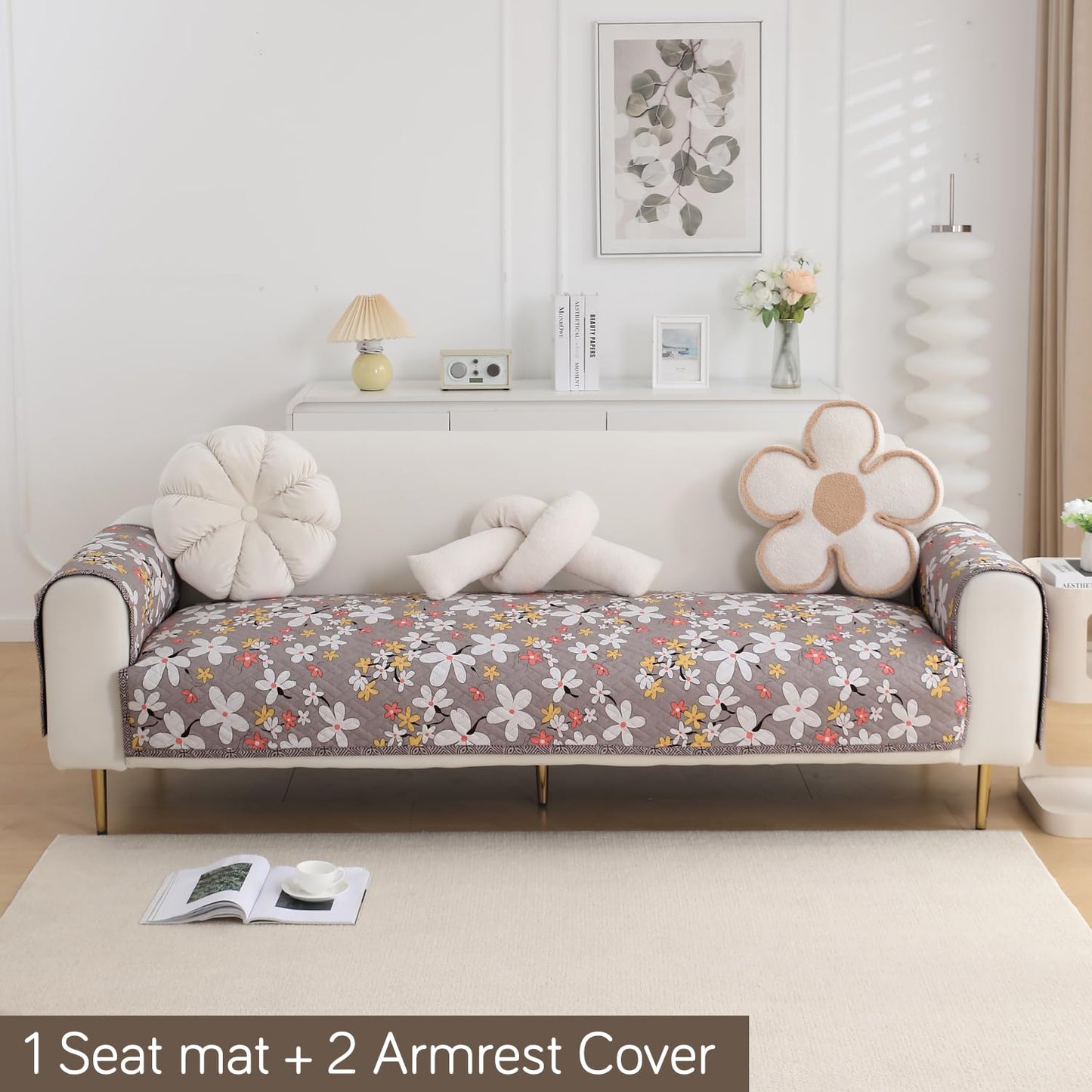 HOKIPO Quilted Sofa Seat Mat for 1/2/3 Seater with 2 Armrest Covers with Pockets, Pastel Brown Sandwort Flower