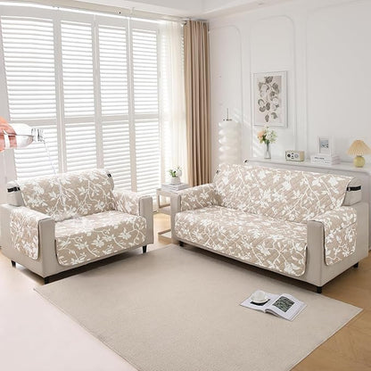 Waterproof & Quick-Dry Quilted Sofa Cover with Pockets on Armrest, Buff Brown Sillehoute Floral