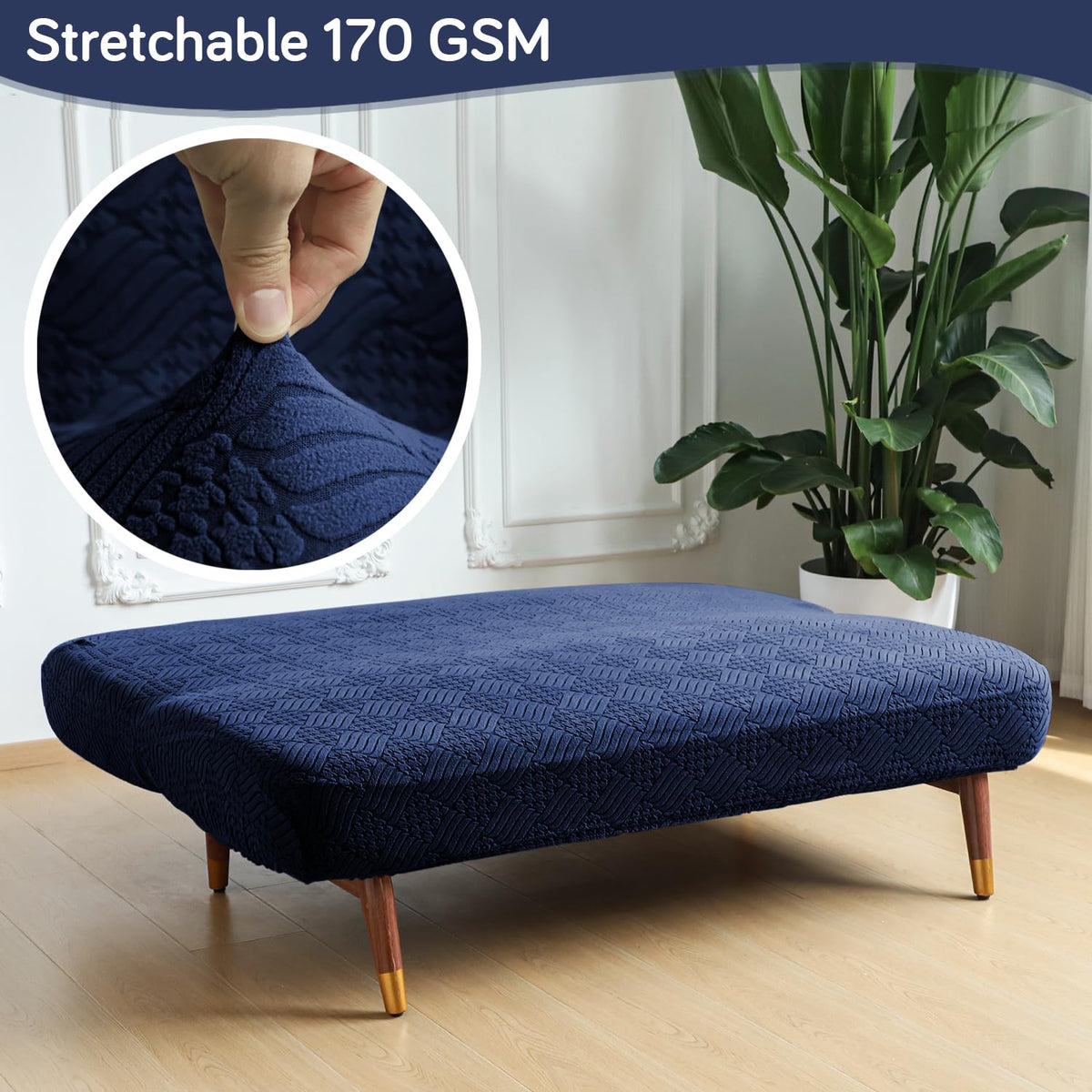 Buy Navy Blue colour Luxurious Jacquard Stretchable 170 GSM futon sofa covers | HOKIPO