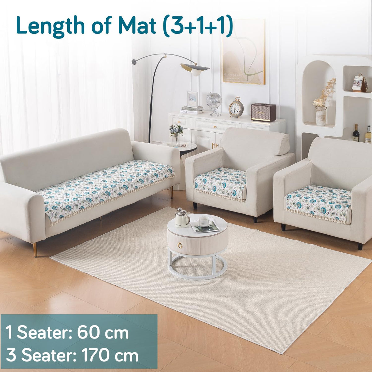 Quilted Sofa Seat Mat for 5-Seater Sofa (3+1+1), Tassel Twigs | Cerulean Bloom