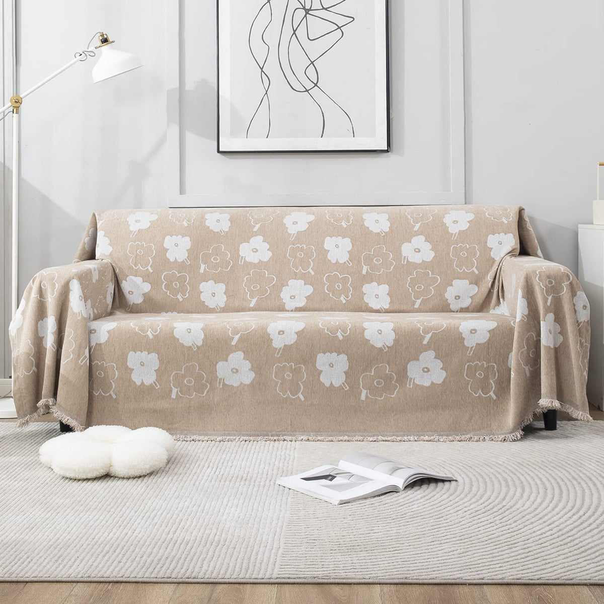 Beige Floral, Thick, Soft and Pet Friendly Chenille Sofa Cover Throw