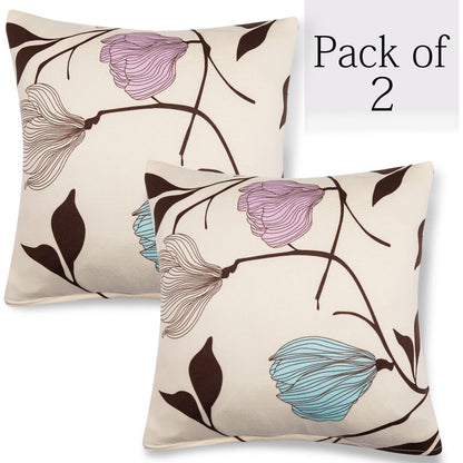 Beige Brown Leaves Floral Print 16 by 16 zippered square sofa cushion covers Set of 2