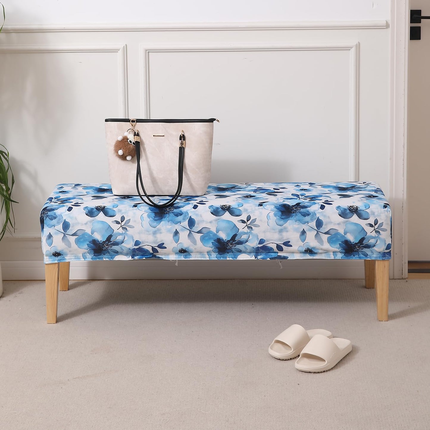 Premium Printed Velvet Elastic Dining Bench Cover, Blue Azure Botanical