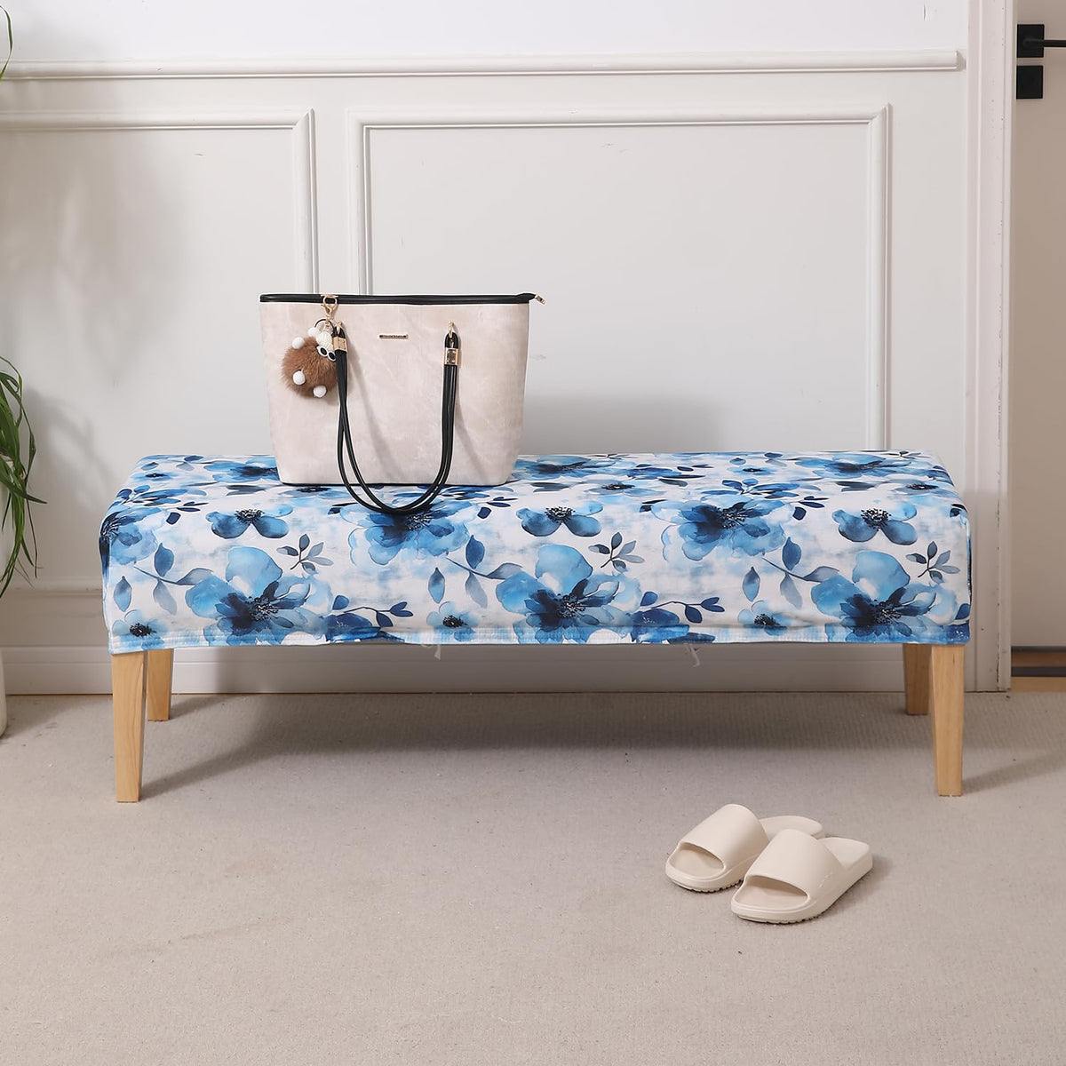 Premium Printed Velvet Elastic Dining Bench Cover, Blue Azure Botanical