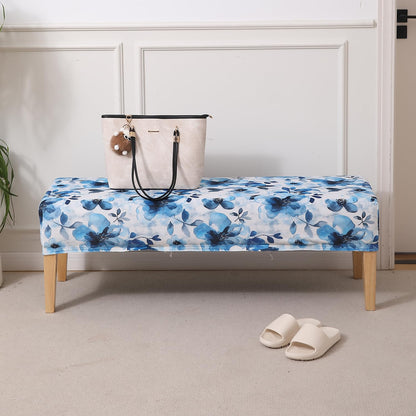 Premium Printed Velvet Elastic Dining Bench Cover, Blue Azure Botanical