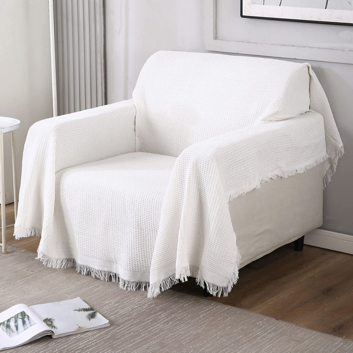elegant white colour cotton throw for sofa 