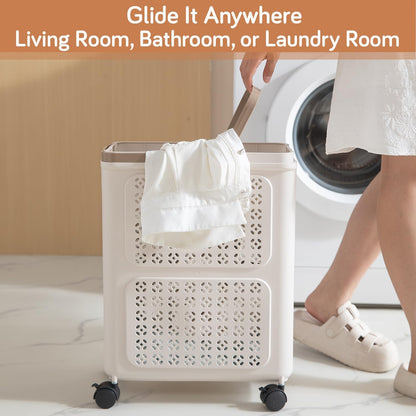 HOKIPO Foldable Laundry Basket with Wheels for Clothes, Toys & More - Beige