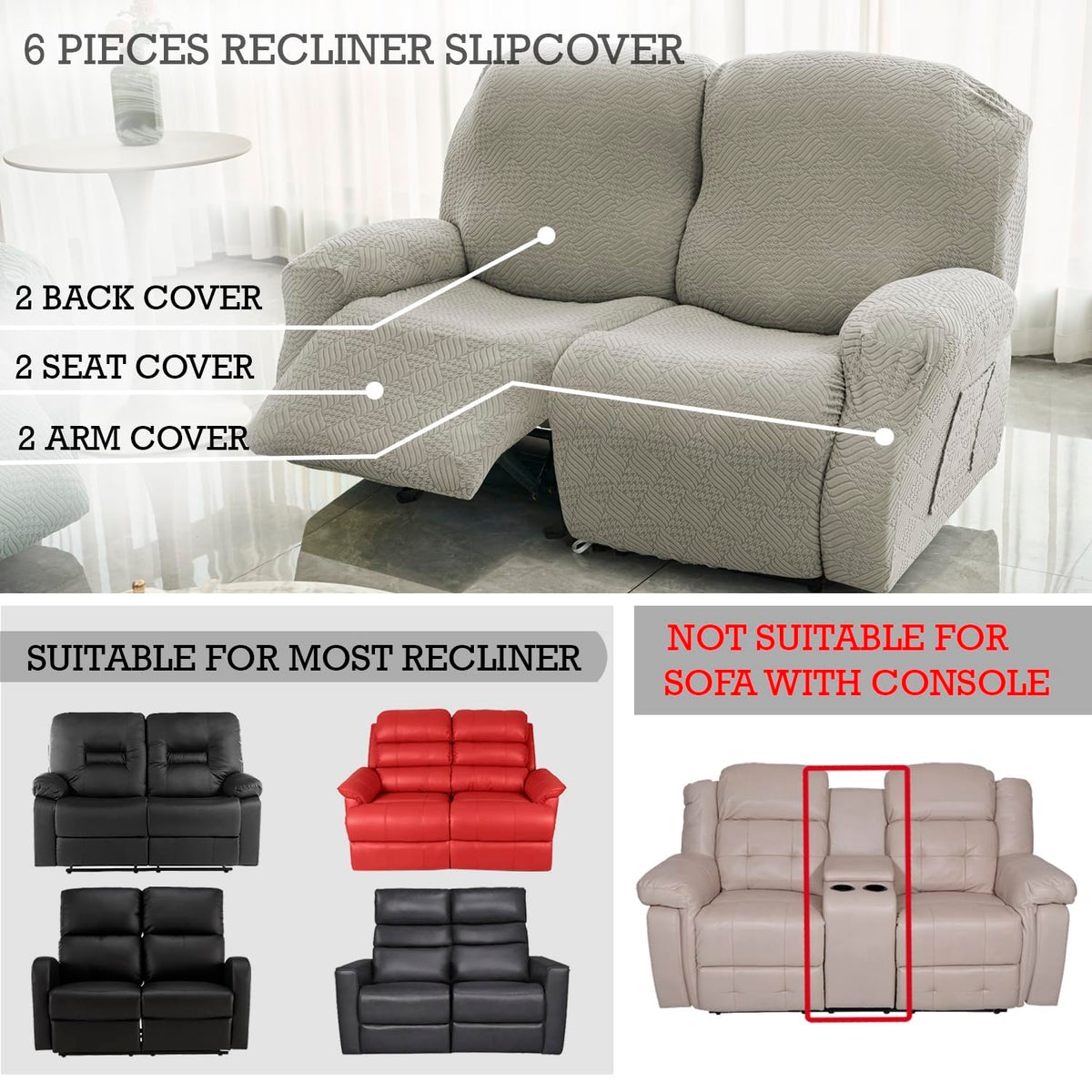 Buy Taupe Brown Colour Jacquard 6 Pieces Recliner Slipcover | HOKIPO