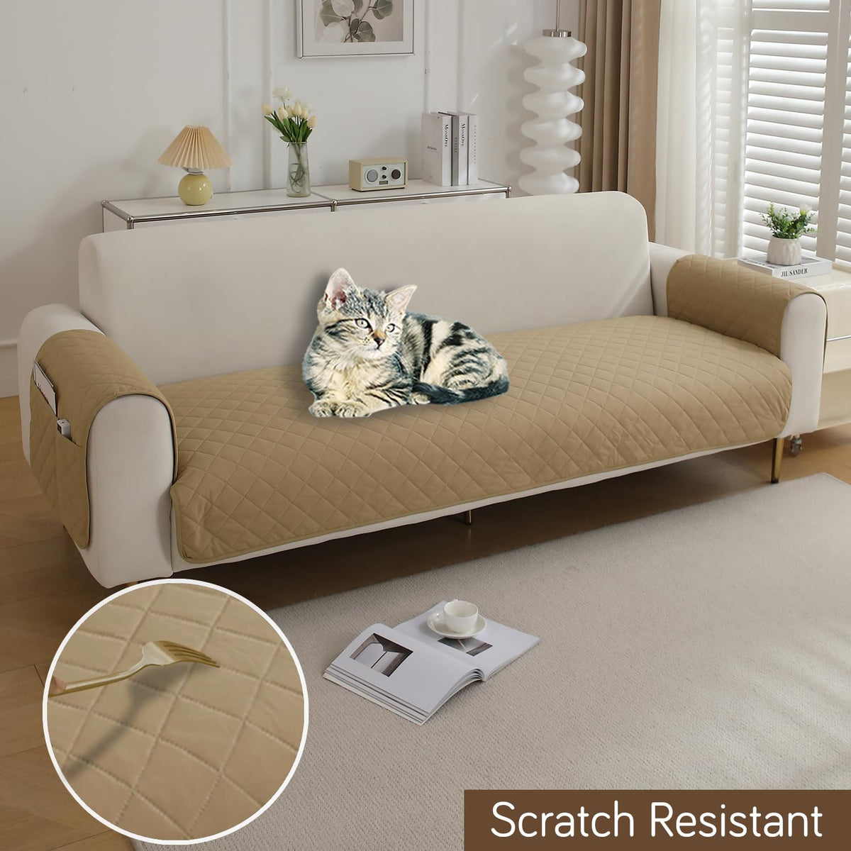 Quilted Waterproof Sofa Seat Mat for 1/2/3 Seater Sofa with 2 Armrest Covers with Pockets, Beige