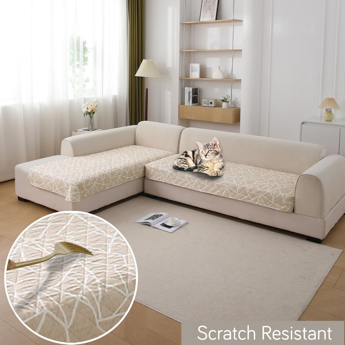 Waterproof Printed Quilted Quick Dry L Shape Sofa Seat Cover Mat, Beige Abstract Geometry