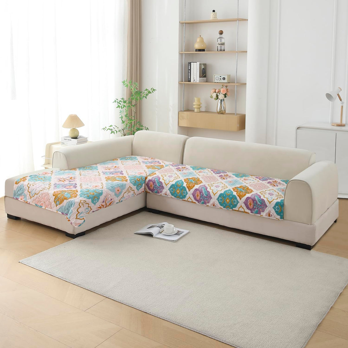 L Shape Sofa Cover Mat for 2+2/3+2/3+3 Seater, Quilted Printed Quatrefoil Multicolor