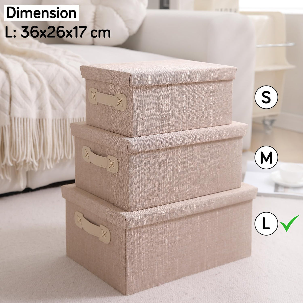 Organisers Storage Box with Lid, Beige, Pack of 2