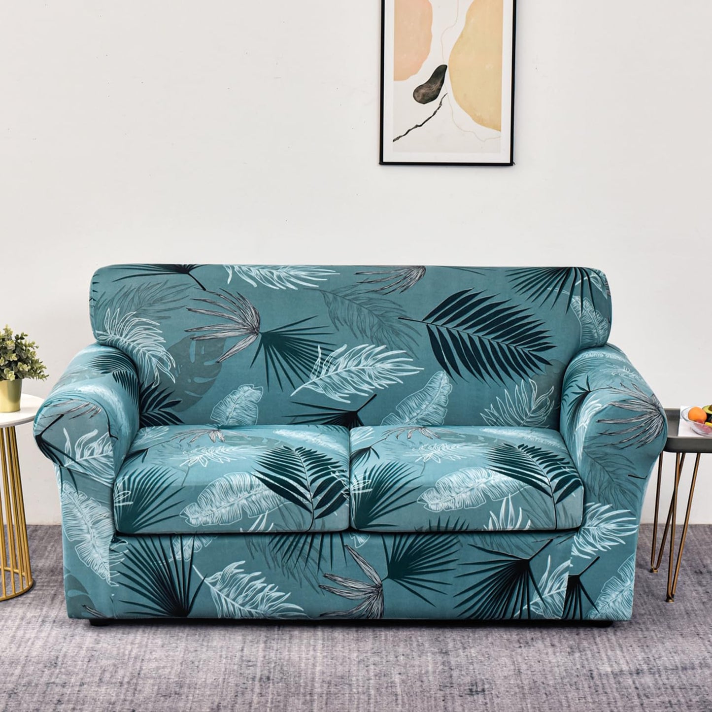 Printed Stretchable Sofa Slipcover with 1/2/3 Pc Separate Seat Cushion Cover for each 1/2/3 Seater, Aqua Palm Whisper