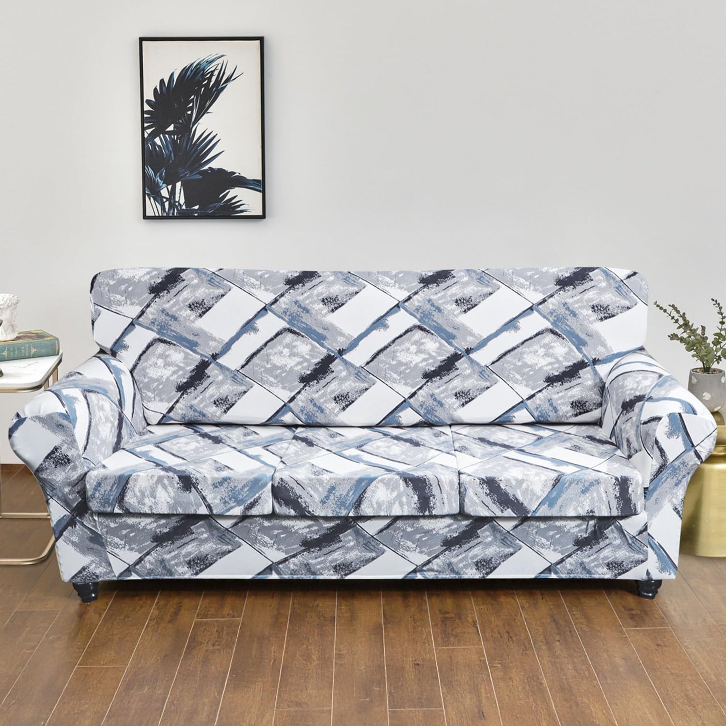 Printed Stretchable Sofa Slipcover with 1/2/3 Pc Separate Seat Cushion Cover for each 1/2/3 Seater, Graphite Glacier Grid