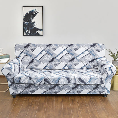 Printed Stretchable Sofa Slipcover with 1/2/3 Pc Separate Seat Cushion Cover for each 1/2/3 Seater, Graphite Glacier Grid
