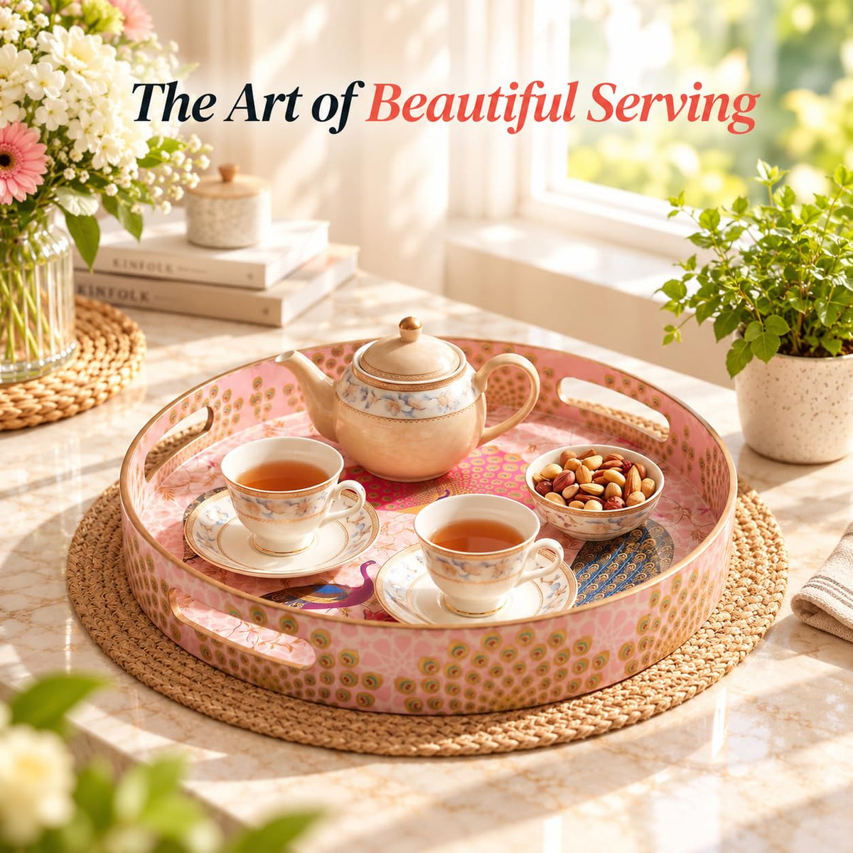 HOKIPO Round Serving Tray 12 in, Engineered Wood, Gulabi Mayurvan - image 3