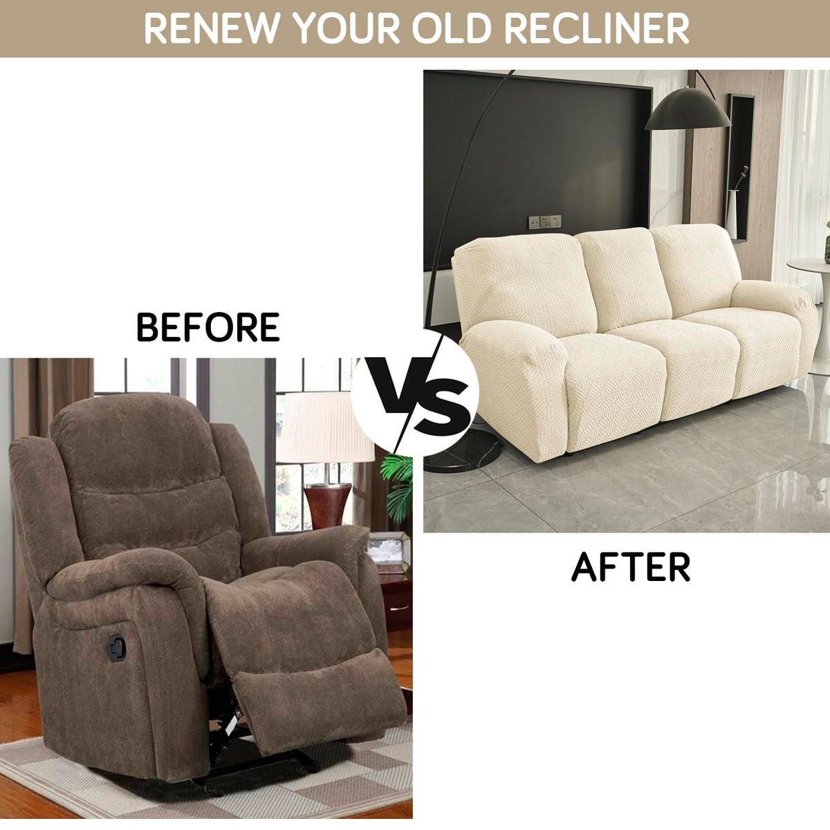 Premium 170 GSM Jacquard Fully Covered Recliner Sofa Cover for 1/2/3 Seaters, Beige