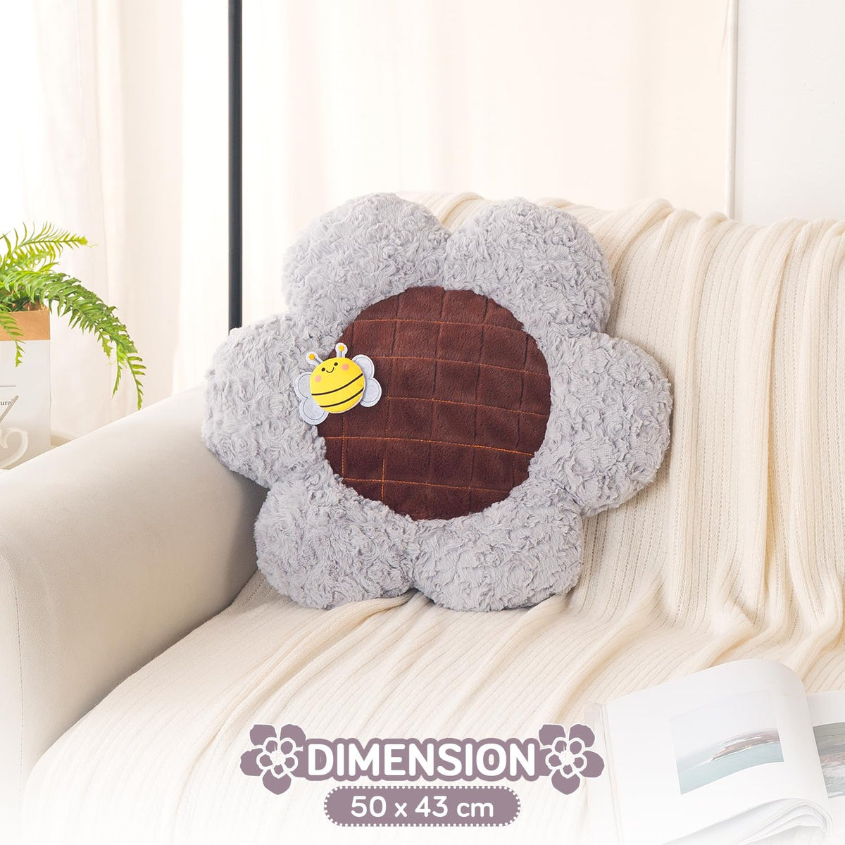 HOKIPO Sunflower Bee Cushion for Sofa & Bed, 50 cm, Grey