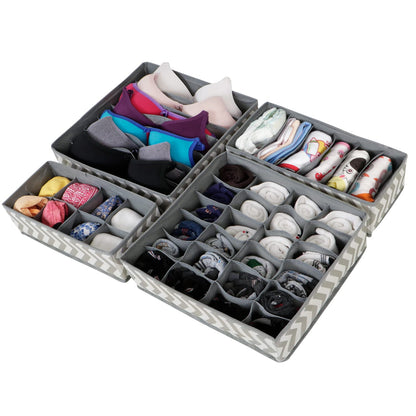 4 Pcs Undergarment Organizer Storage Box for Drawers Bra Panty Socks Tie Lingerie Organizer for Wardrobe, 24x8x7x6 Grid ,inside, Non-Woven Fabric, Grey